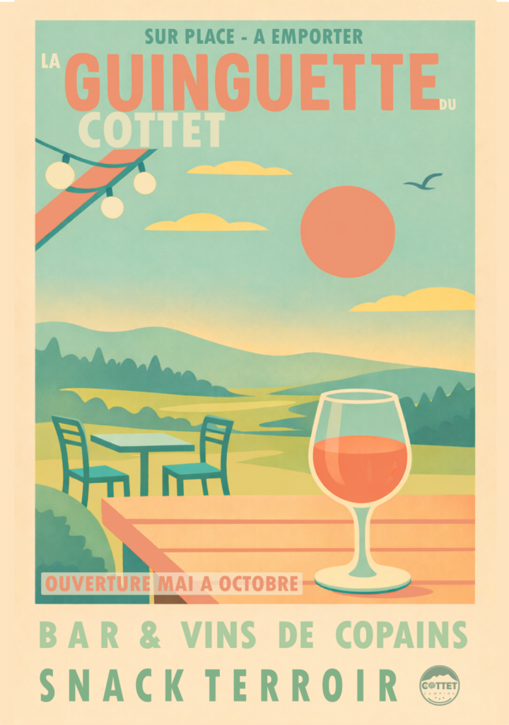 affiche vintage d'une terrasse de Guinguette au cœur du Pilat à 1h de Lyon et st Etienne, vue sur le monts de l'Ardèche